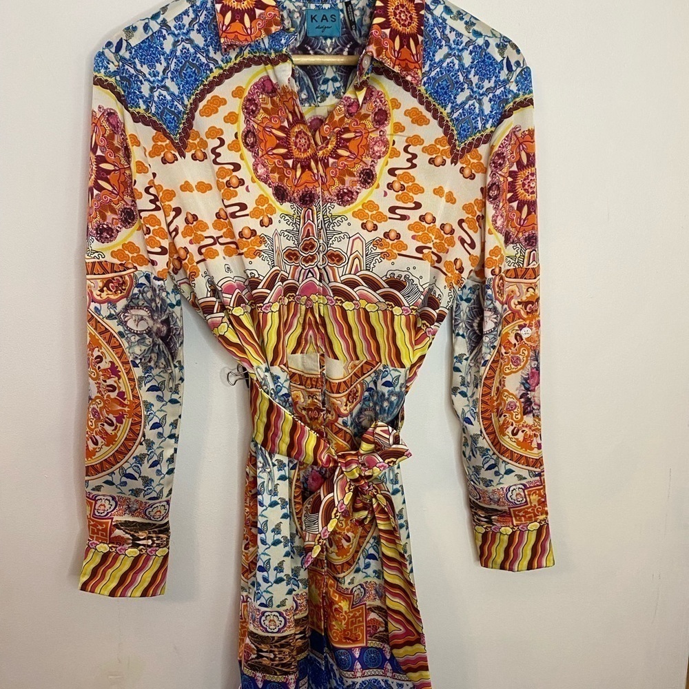 KAS Designs Multicolor Abstract Print Tie Waist Satin Shirt Dress